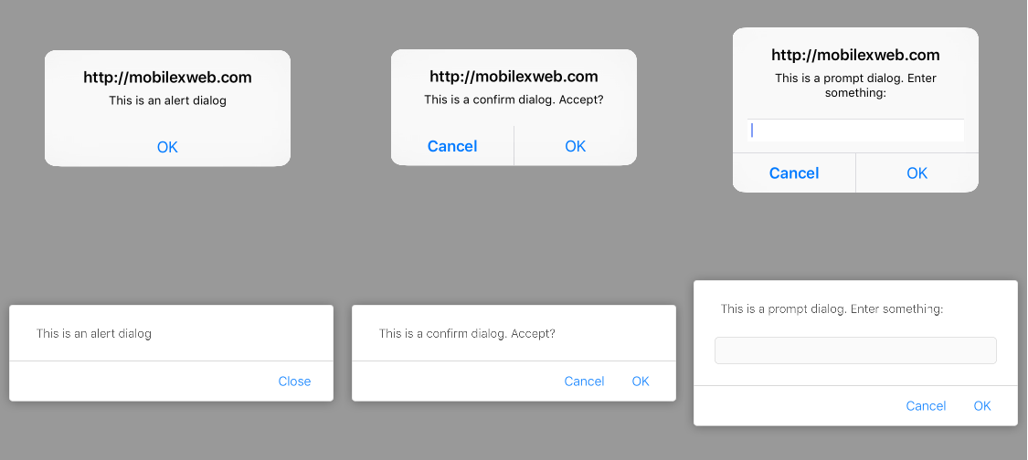 Old JS Dialogs (top) and new JS Dialogs (bottom)